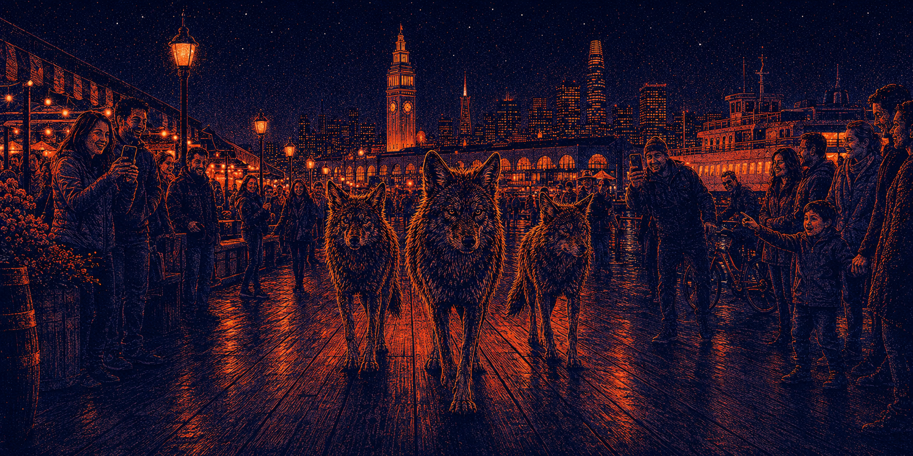 Three coyotes walking through a crowded San Francisco waterfront pier