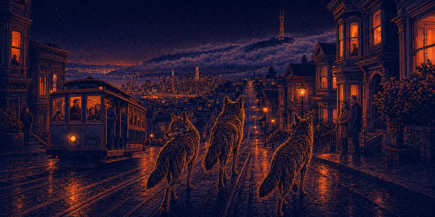 Three coyotes walking up a steep San Francisco street beside a cable car