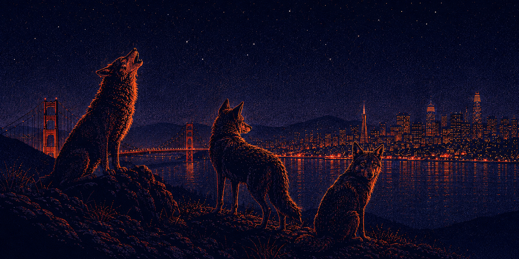Three coyotes overlooking San Francisco and the Golden Gate Bridge at night