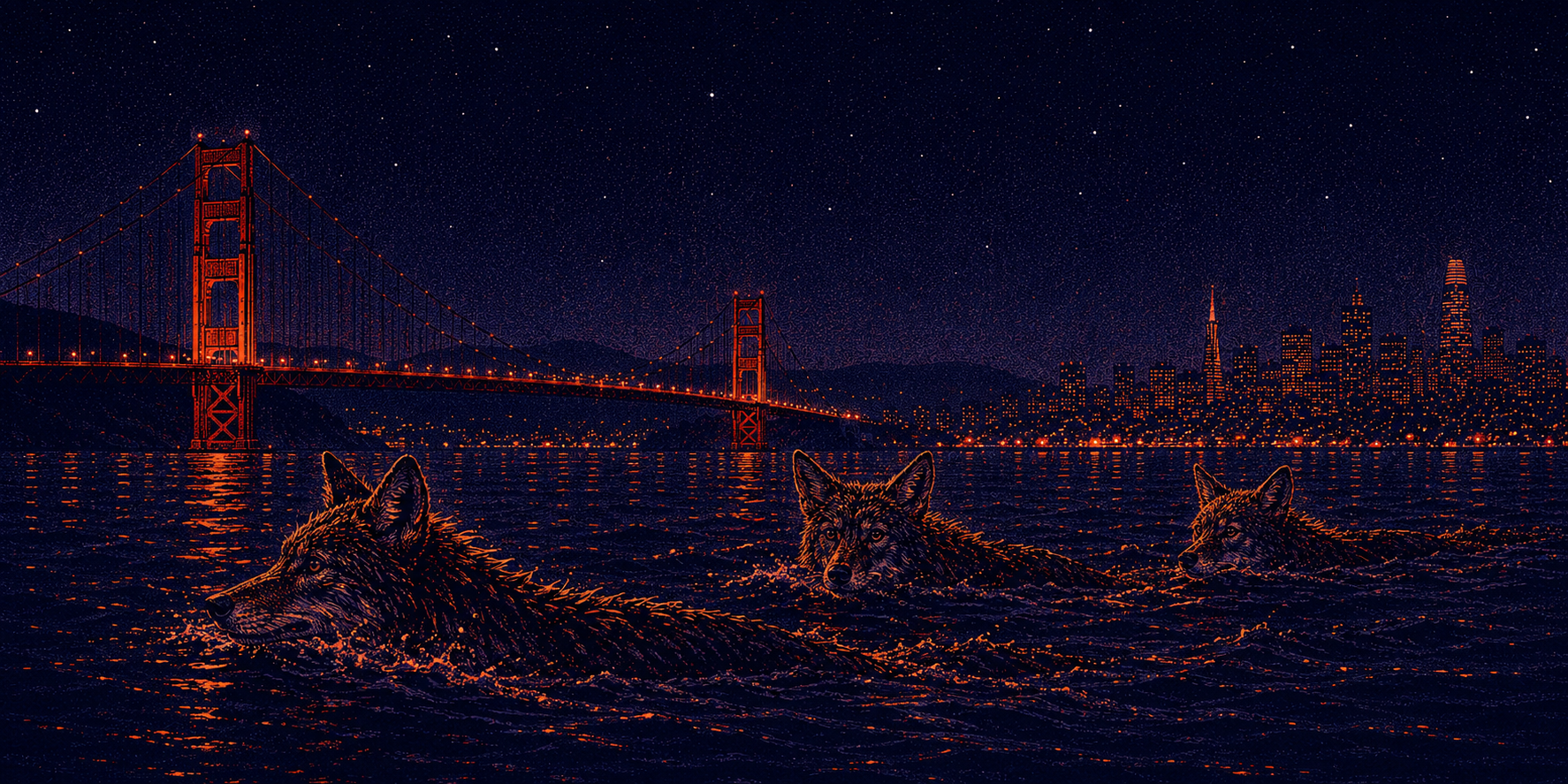 Three coyotes swimming across the bay with the Golden Gate Bridge and San Francisco skyline behind them