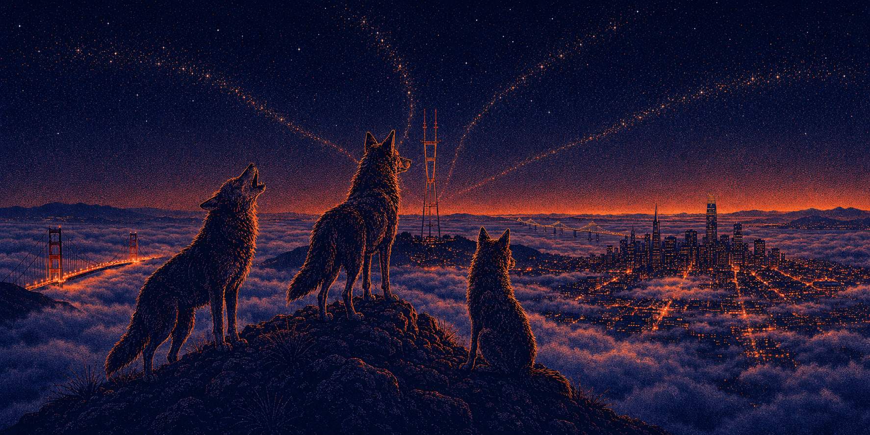 Three coyotes watching over the fog-covered San Francisco skyline from Twin Peaks